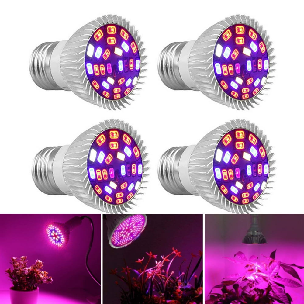 Lindbes 4pcs LED Grow Light Bulbs 28W E27 Grow Plant Light for Hydroponics Greenhouse Organic Indoor Plants 5730SMD Full Spectrum Grow Lamp(15 Red +7 Blue +2 Warm White +2 White +1 Inf